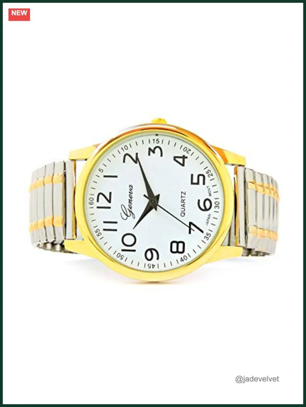 Two-Tone Stretch Band Watch Large Face Easy to Read Japanese Quartz